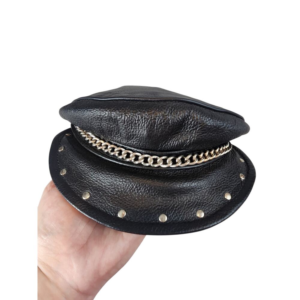 Vintage Black Faux Leather Biker Hat Studded Chain Cap Made in USA